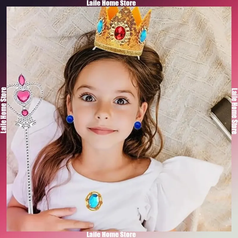 4pcs/set Princess Peach Cosplay Prop Decorative Accessories Crown Gloves Earwear Set Party Carnival Holiday Dress Up Girls Gifts