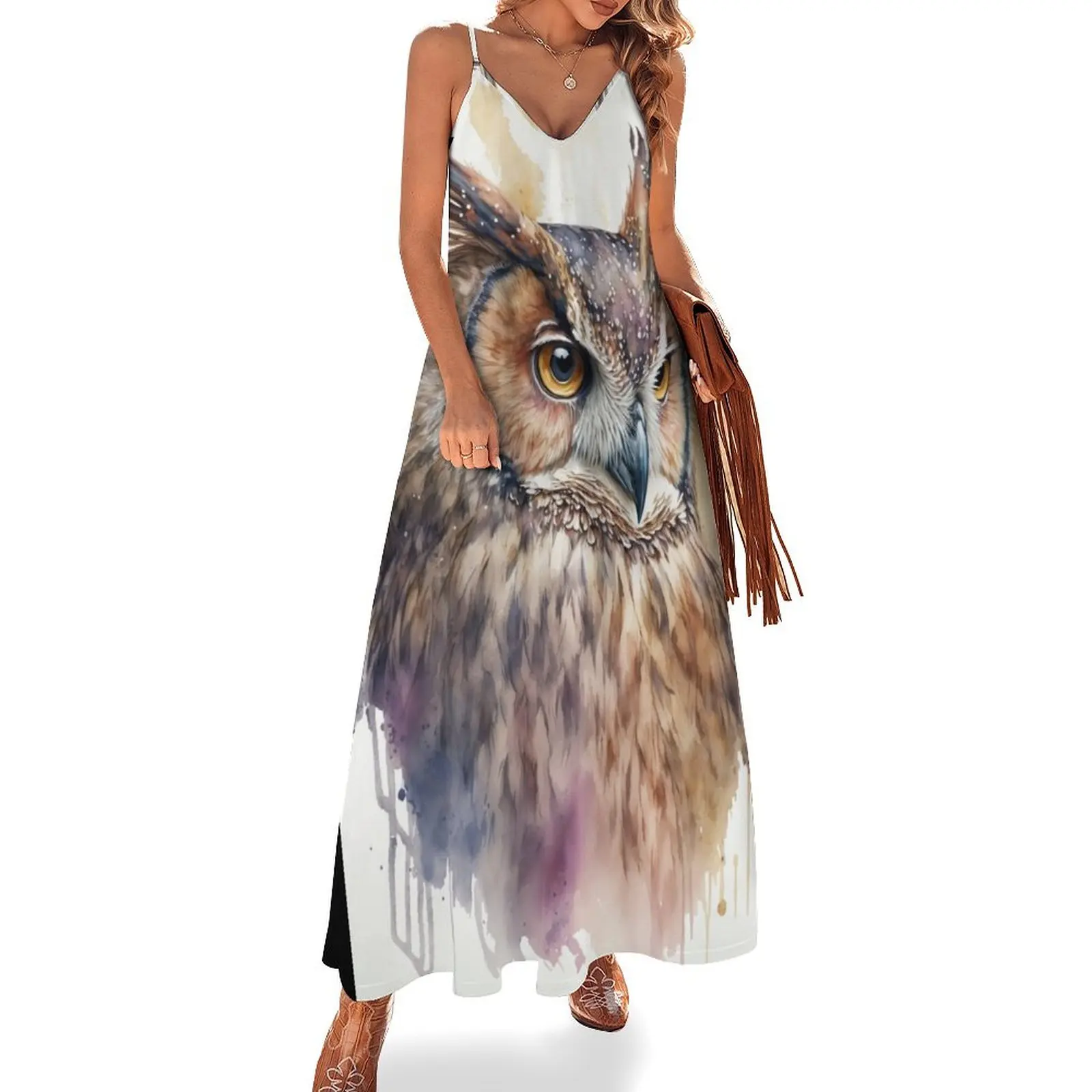 

Boho Owl: Watercolor painting of a Beautiful Owl Sleeveless Dress Women's summer dress Clothing dresses for womens