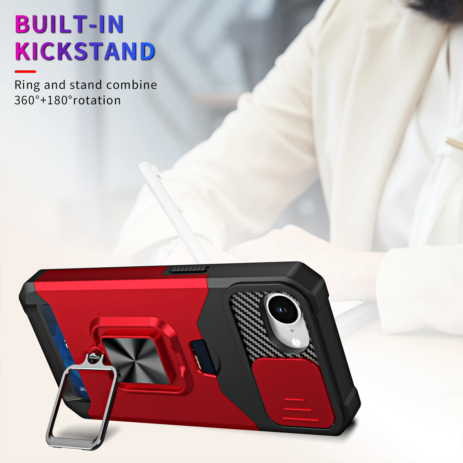 Hidden Card Slot Magnetic 360° Bracket Sliding Case - Anti-Drop PC Cover