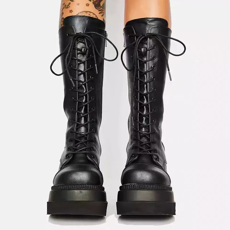 Platform Boots Winter Women Mid-calf Wedge High Heel Lace Up Zip