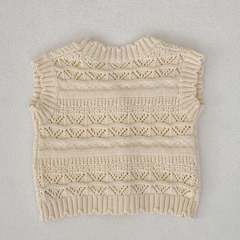 Korean Style V-neck Sleeveless Solid Color Hollow Out Knitting Vest Autumn Spring Infant Baby Girl Knitting Cardigan Vest Coat