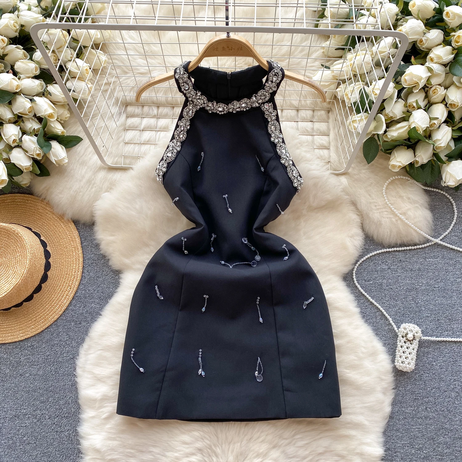 

French Chic Elegant Mini Dress Sequined Beading Halter Off-shoulder Sleeveless Vestidos De Mujer Female Evening Dresses Dropship