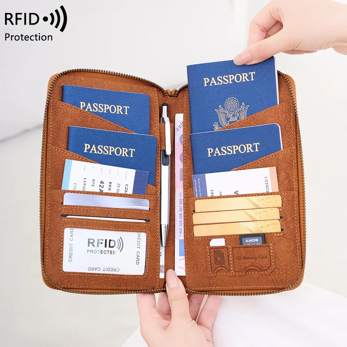 Cross-Border RFID Anti-Theft Travel Passport Wallet Simple Fashion Document Storage Bag Family Passport Holder PU Leather