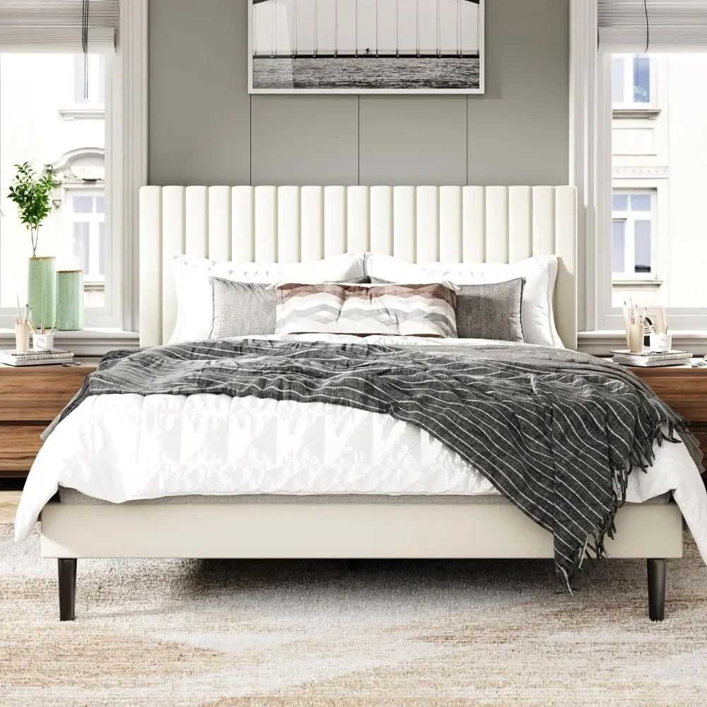 

Bed Frame with Velvet Upholstered Headboard, Platform Bed with Sturdy Wooden Slats, Easy To Assemble, Queen Size Bed Frame