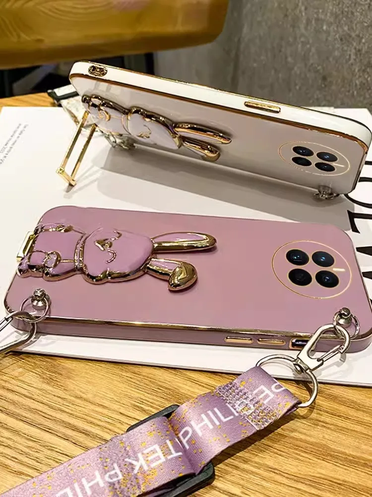 Stylish Rabbit Crossbody Lanyard Plating Case - Elegant Luggage Bracket Design