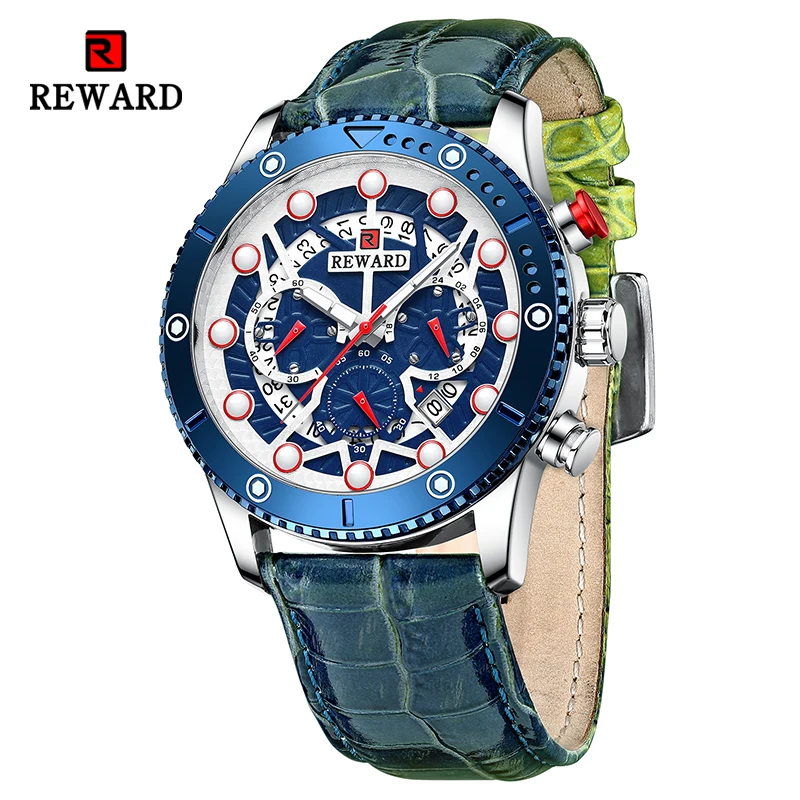 REWARD Fashion Men's Quartz Wristwatch Sport Waterpoof Genuine Leather Alloy Watches Chronograph Luminous Man Wrist Watches