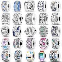 Silver Clasp 925 Sterling Silver CZ pave Clip Charms Daisy Beads Stopper Safety Chain fit Original Bangle Bracelet Jewelry Clip 1