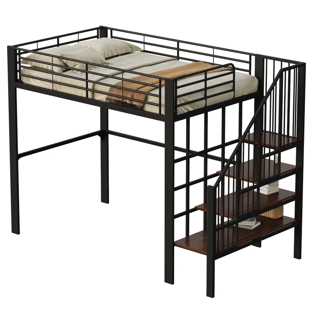 90*200cm/140*200cm Hochbett, stabile Metallkonstruktion mit geräumigem Stauraum unter dem Bett und Treppe, für Kinder und Erwachsene – Detail 16