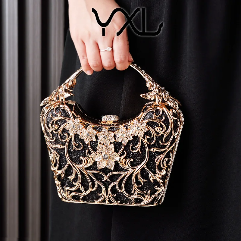 Black Dinner Bag High-Grade Hollow-out Party Clutch Shiny Banquet Bag