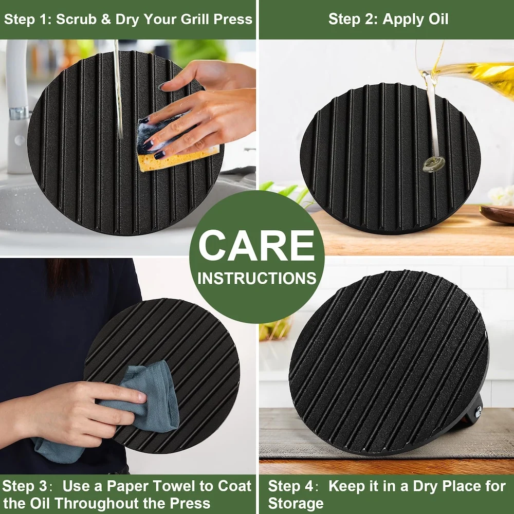 7" Round Cast Iron Burger Press for Griddle Sandwich Nonstick Pan