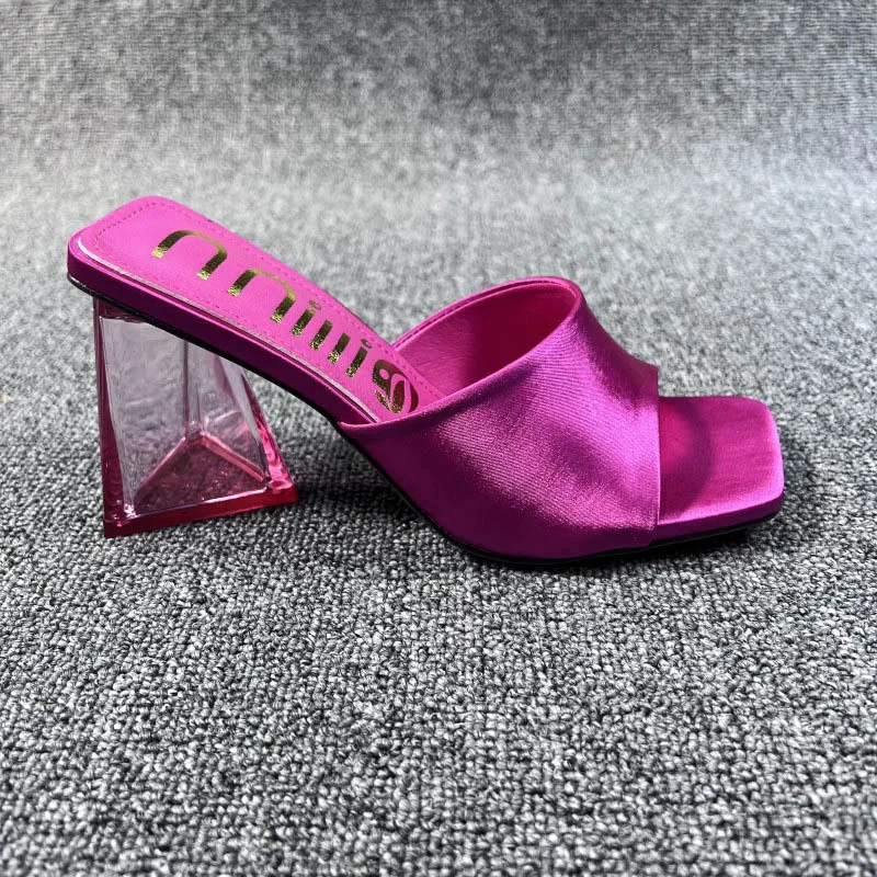 

2023 New Summer Satin Slippers Sandals For Women Fashion Hot Thick High Transparent Heel Peep Toe Shoes