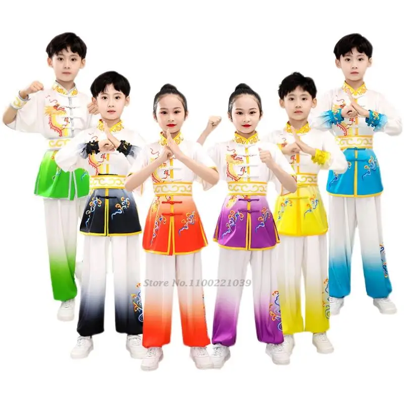 Chinese Traditional Wushu Clothing Martial Arts Uniform Kung Fu Suit Dragon Print Stage Performance Costume Set tai chi clothing chinese traditional costume for kids