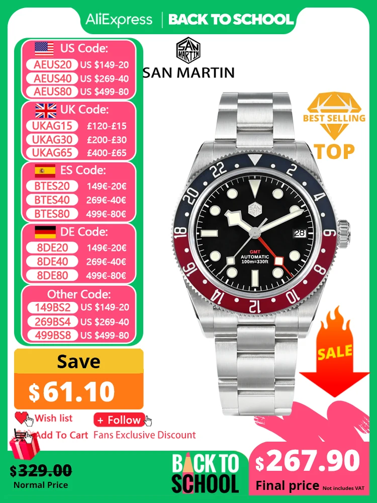 San Martin 39.5mm NH34 GMT Men Automatic Mechanical Sapphire 100M Waterproof SN0109 mechanical watch