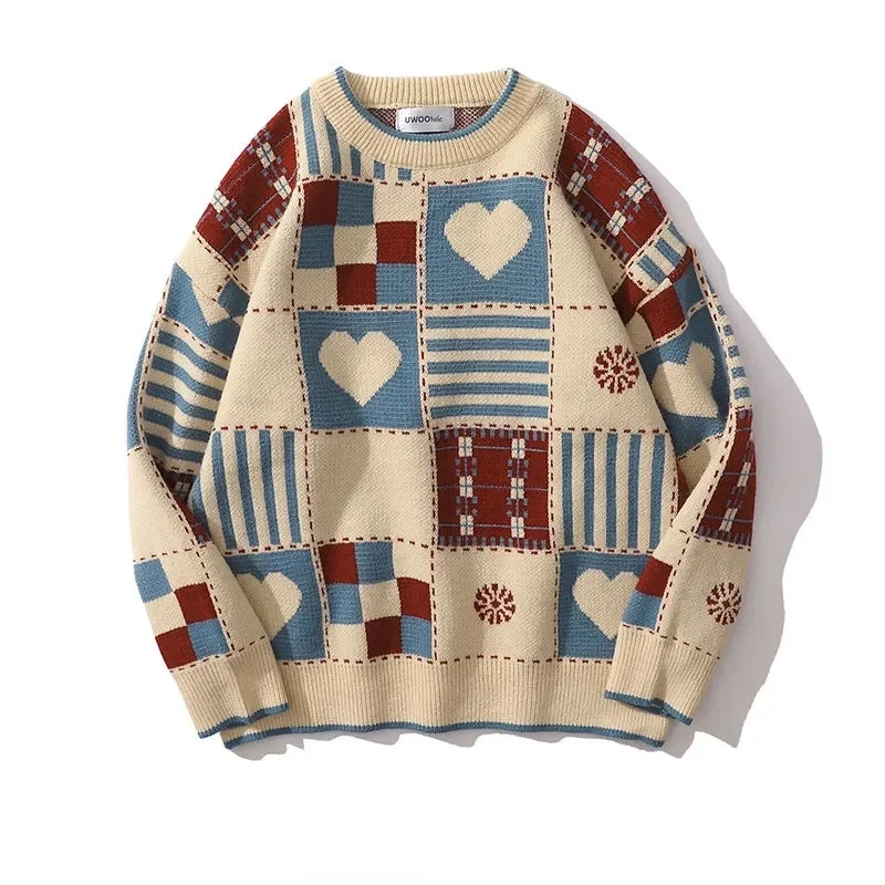 

Sweater Women's Jacquard Plaid Heart-Shaped round Neck Korean Style Sweater Pullover 2022 Loose Multicolor Autumn Winter coat