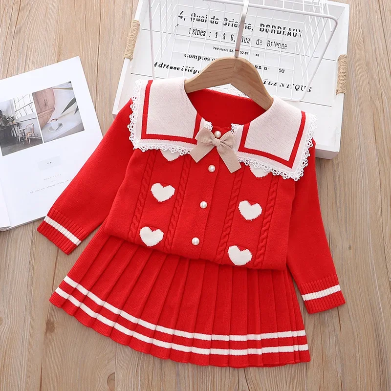 여아용 겨울 스웨터 세트, 여아 대학생 윈드 울 가디건, 플리츠 스커트, 투피스 세트,   귀여운 활 의류, 2023