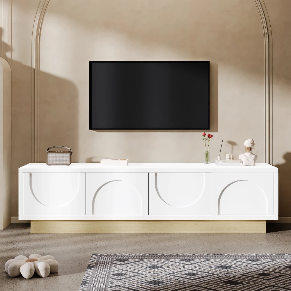 PINGGO 175CM Moderner weißer TV-Schrank mit Holzschnitzerei, minimalistischem Kurvendesign, ausreichend Stauraum und Kabelmanagement – Detail 3