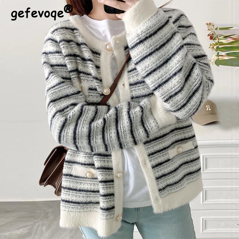 

Women Vintage Trendy Striped Chic Single Breasted Outewear Knitted Cardigan Autumn Female Casual Long Sleeve Loose Sweater Coats