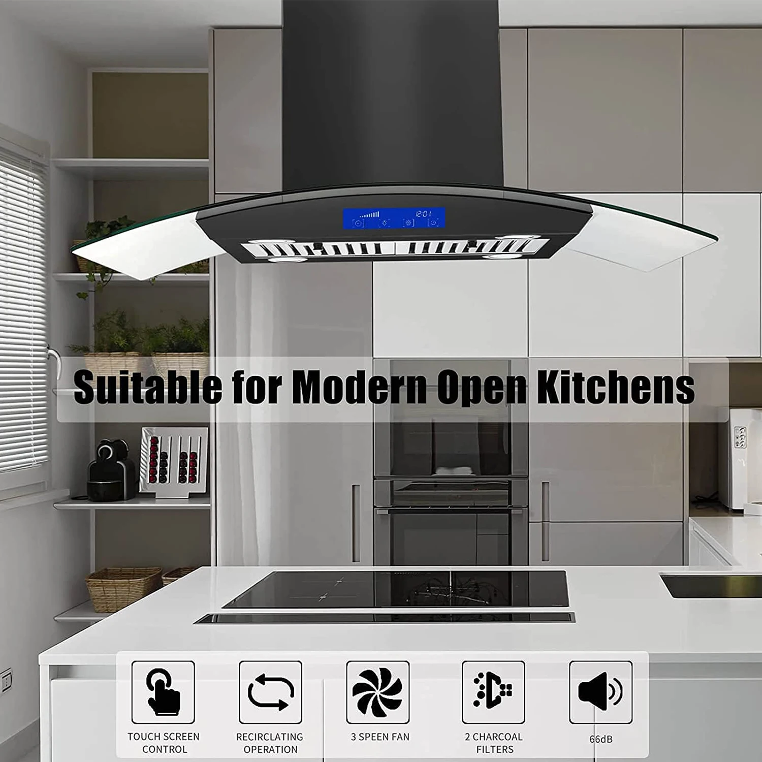 Tieasy 36 inch 700CFM Island Mount Touch Panel 3 Speed Fan Permanent Filters with LED Lights Kitchen Range Hood USGI0290BPB