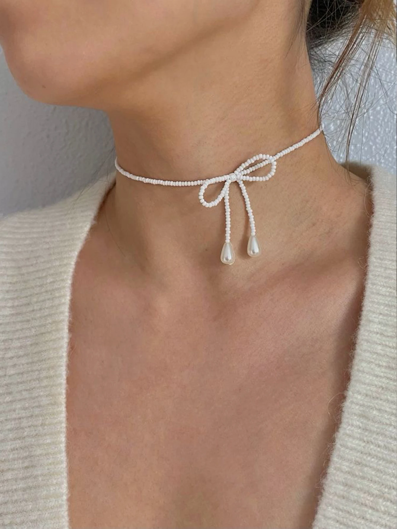Handmade Beaded Knitted Bow Necklace Girls Party