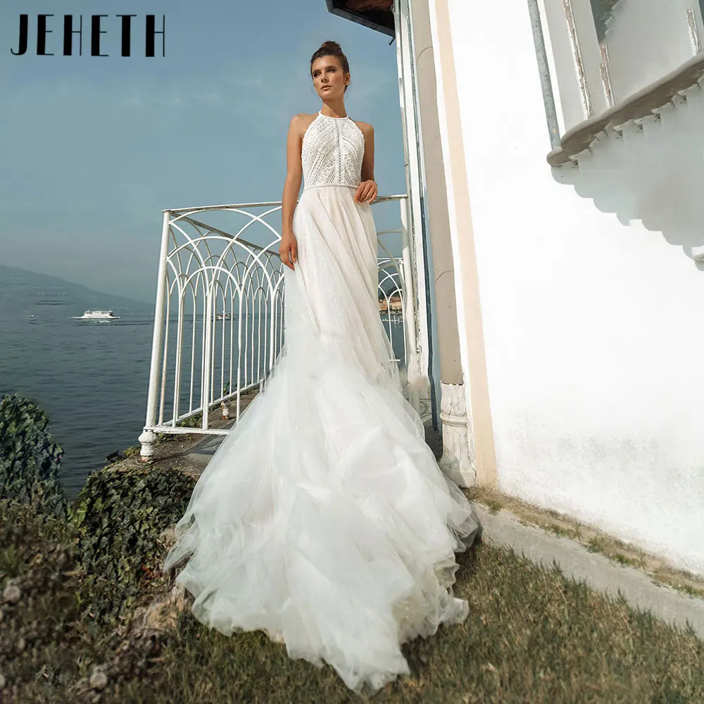 

JEHETH Beach Halter Neck Backless Wedding Dresses 2024 Charming Lace Tulle Bridal Gown Sleeveless Vestidos De Novia Custom Made