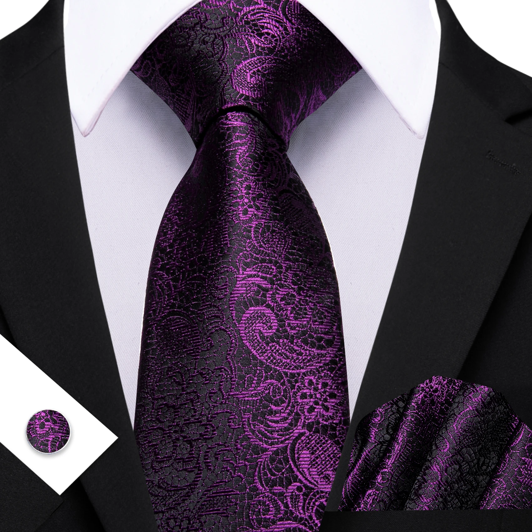 Herren-Krawatte, klassisch, rosa, schwarz, gelb, Blumenmuster, Jacquard, modische Krawatten, Einstecktuch, Manschettenknopf-Set, Hochzeit, Party, Event – Detail 5