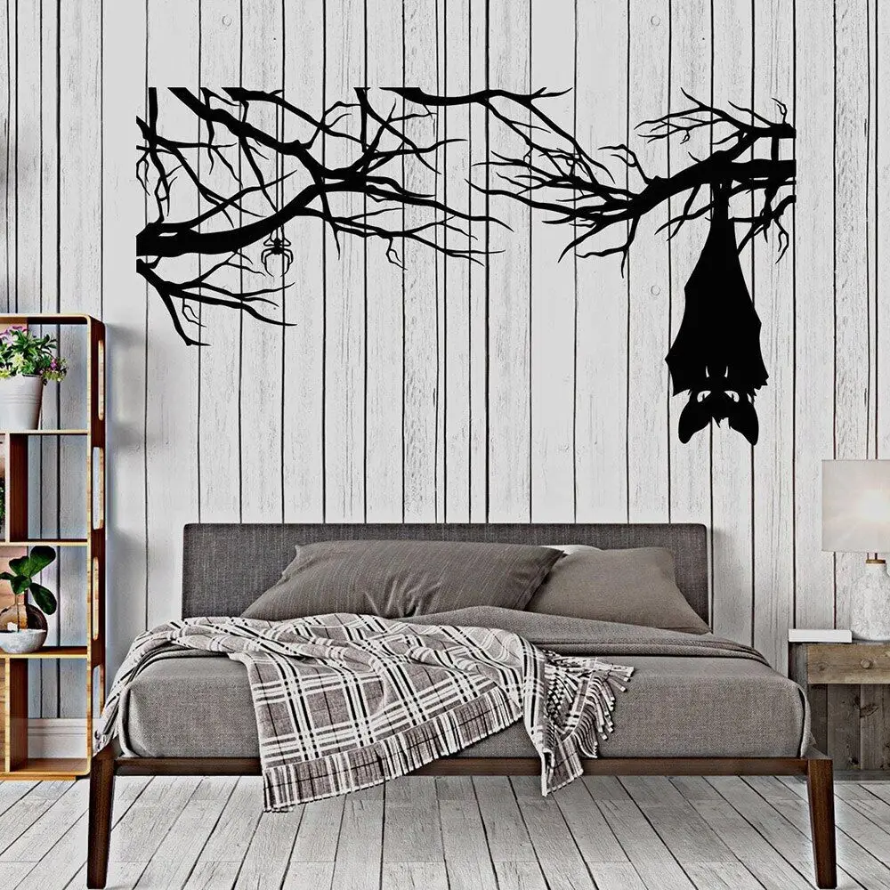 Halloween Wall Stickers Cartoon Gothic Spider Bat on Branch Vinyl Wall Decal for Living Room Nursery Kids Room Decoration W378