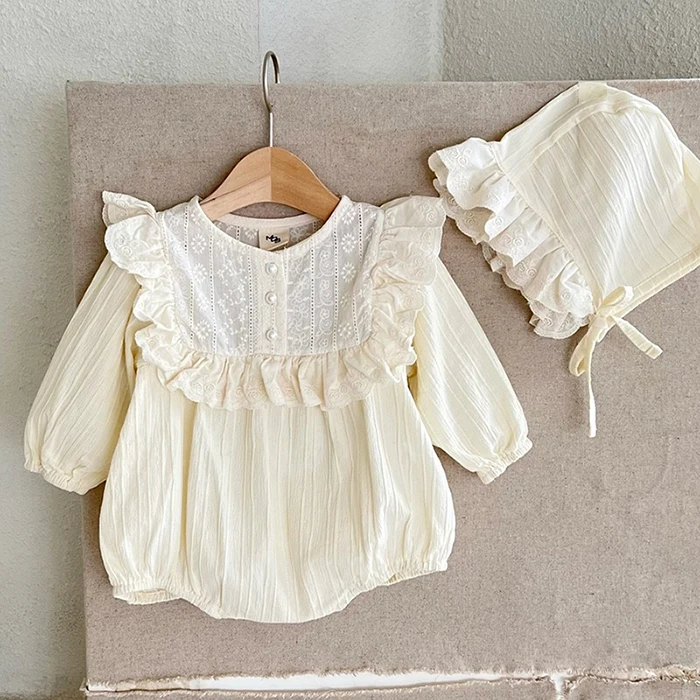 Herbst Baby Kleidung Kleinkind Baby Mädchen Romper + Hut Rüschen Kleidung Langarm Baumwolle Spleißen Frühling Infant Baby Mädchen Overall – Detail 3
