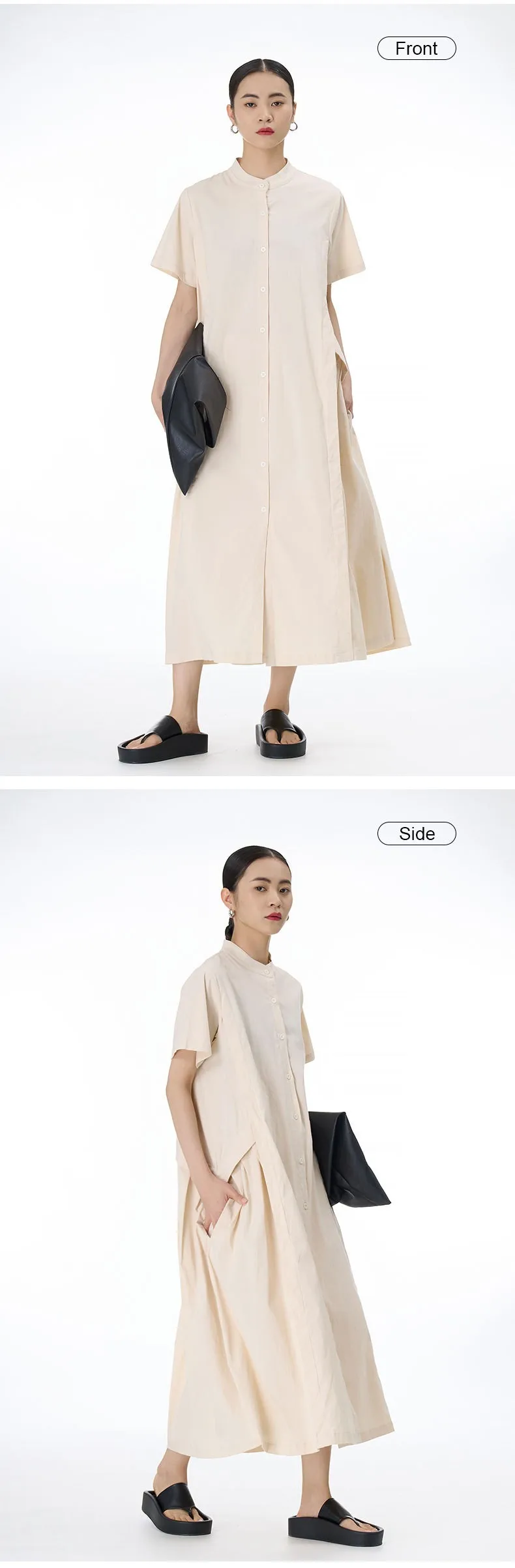 Mandarin Collar Dress apricot   Women's loose thin cotton linen crewneck casual womens round o-neck short sleeves button-up mid-calf swing skirts Dresses for woman Spring summer Korean fashion season