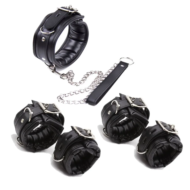 Sex Toys Leather Metail Heart Sex Handcuffs Ankle Cuffs and Collar Slave Bdsm Bondage Set Sex Toys for Couples Erotic Womens Lingerie