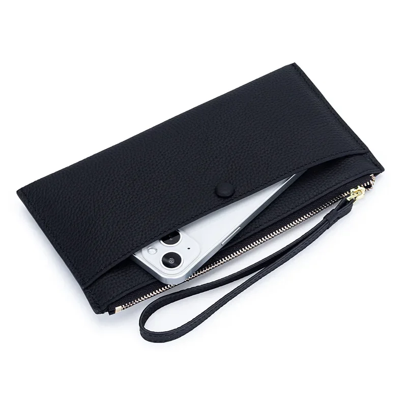 Genuine Leather Women Long Wallet Fashion Brand Design Card Holder Clutch Bag Zipper Wrist Strap Phone Bag Slim Cowhide Purse