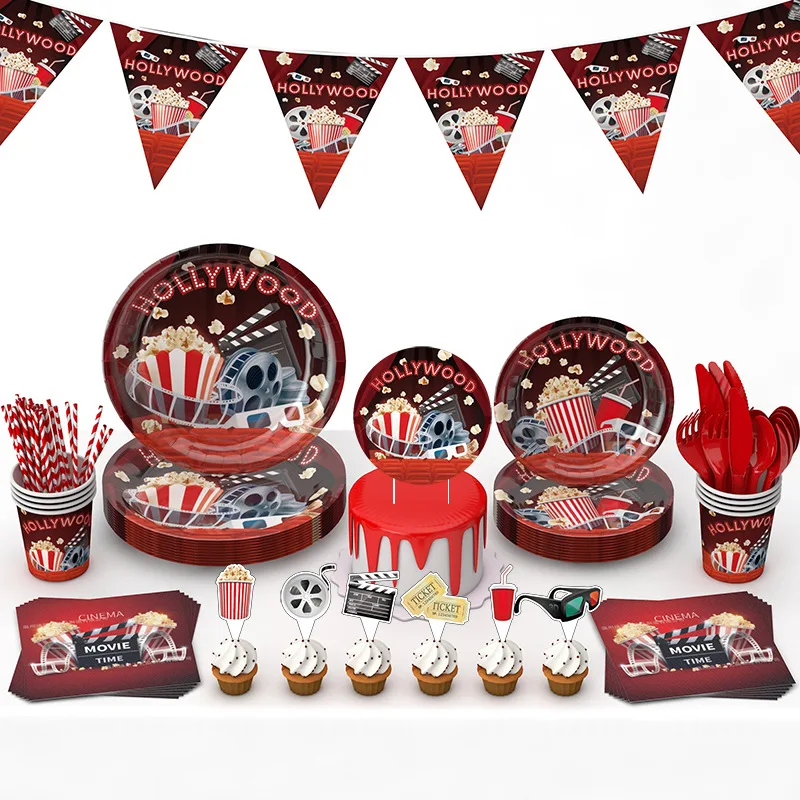 Movie Night Themed Party Decorations Hollywood Red Carpet Party Supplies  Cupcake Toppers Popcorn Foil Balloons for Oscar Party Event Awards Night