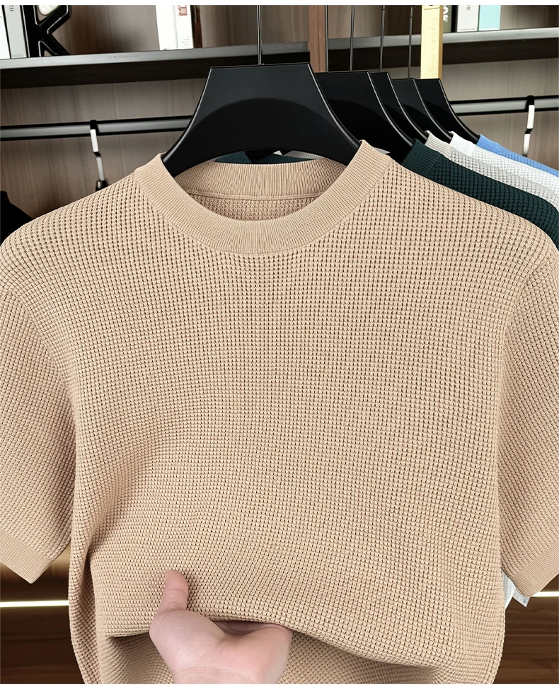 Hochwertiges Gestricktes Kurzarm-T-Shirt für Herren Sommer Trendiges Klassisches Einfarbiges Koreanisches Lässiges Bequemes Atmungsaktives Rundhals-Oberteil – Detail 8