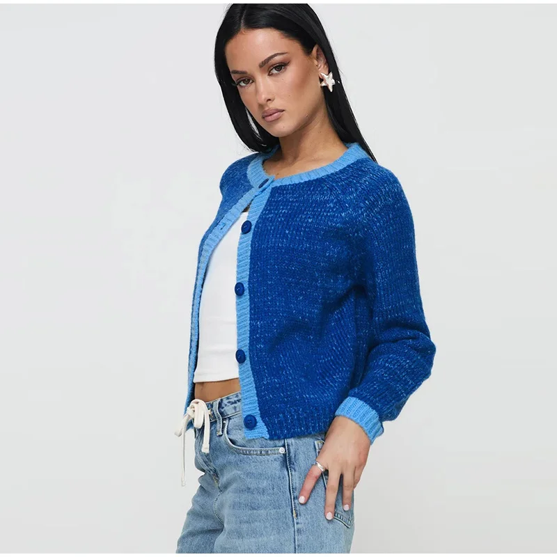 Casual Knitted Single-Breasted Cardigan Women Loose Contrast Color O-neck Pullover Sweaters Female Autumn Chic Street Tops