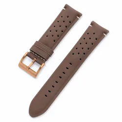 Vintage Matte Leather Racing Watch Straps - Gray, Black, Brown Porous and Breathable Men’s Watchband - 22mm (Dark Brown - Rose Gold)