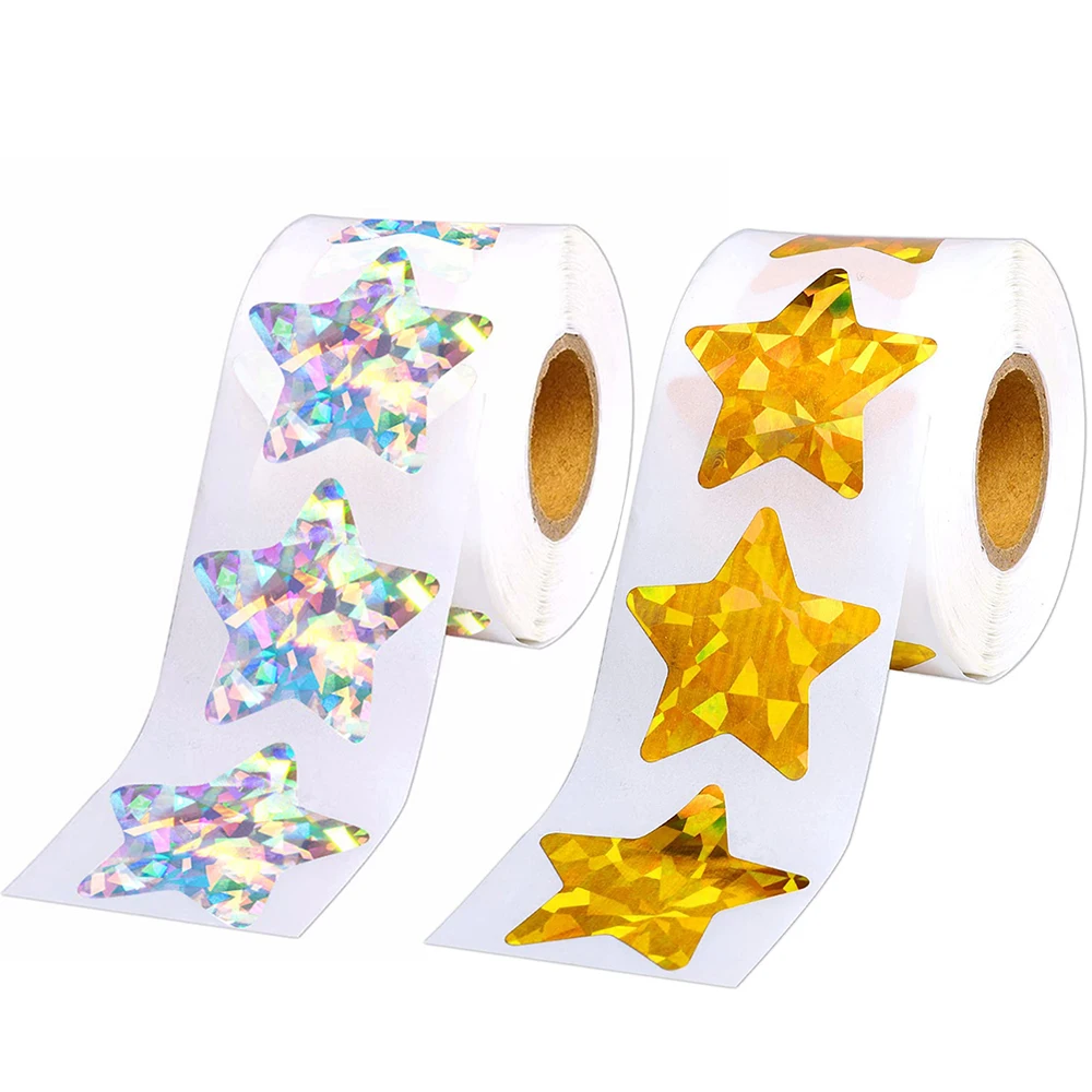 50-100 stücke holo graphische silberne Stern aufkleber für Kinder belohnen Goldfolie stern aufkleber etiketten für Wand handwerk Klassen zimmer bedarf – Detail 1