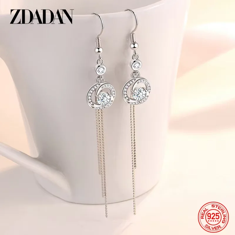 ZDADAN Ohrhänger aus 925er-Sterlingsilber, rund, Zirkon, lange Quaste, baumelnd, für Damen, Charm-Schmuck – Detail 3