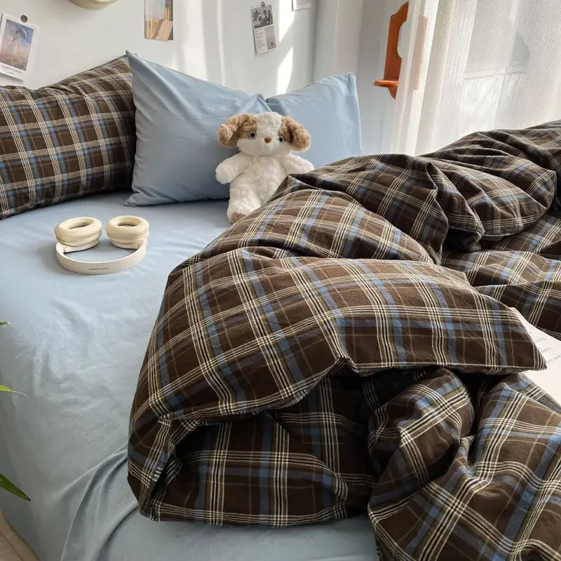 Bedding Set Ins Ambiance Blue Coffee Grid Mixed With Washed Cotton Minimalist Four Piece Set Fitted Sheets Duvet Cover 2