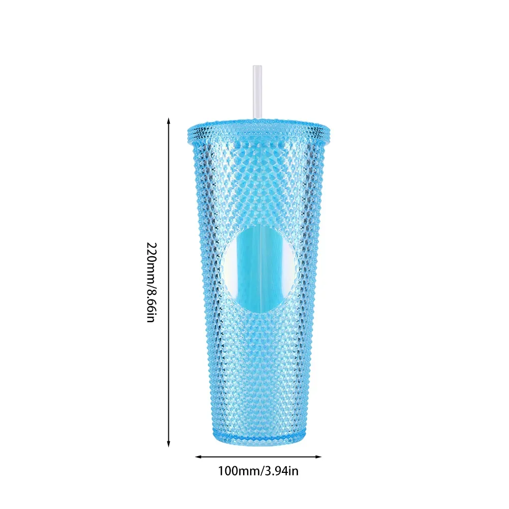 750ml Straw Cup with Lid Studded Finish Double Wall Coffee Mugs Plastic Studded Durian Tumblers Cold Bling Cup Customized