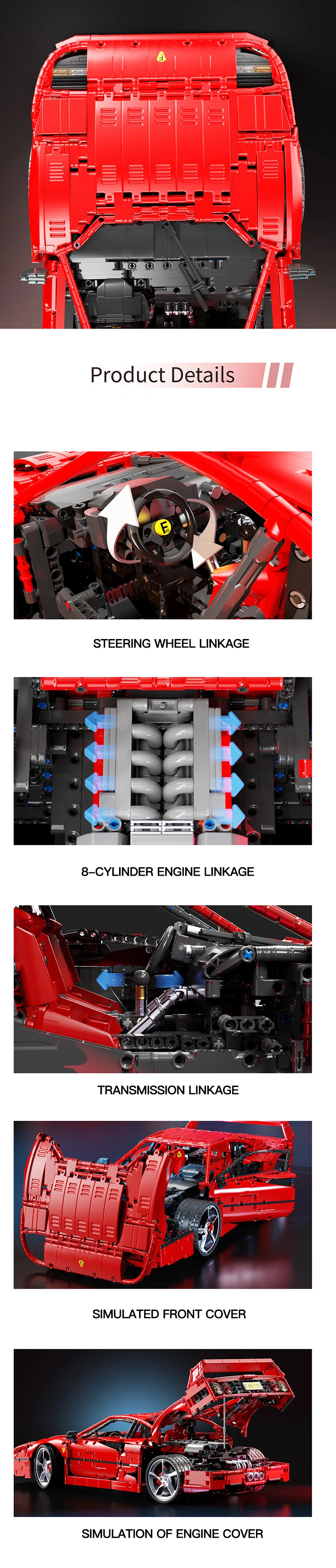Klemmbausteine Technik X001 Roter Supersportwagen F40 Modell MOC-140629 Klassischer Rennwagen Bausatz DIY Montage-Spielzeug Kindergeschenke 4026 Teile – Detail 2