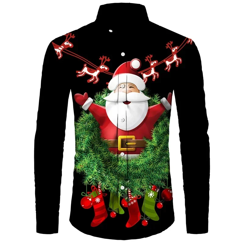 Men's High Quality Long Sleeve Christmas Printed Lapel Shirt Comfortable Soft Fabric Casual Holiday Party Top Christmas Gift