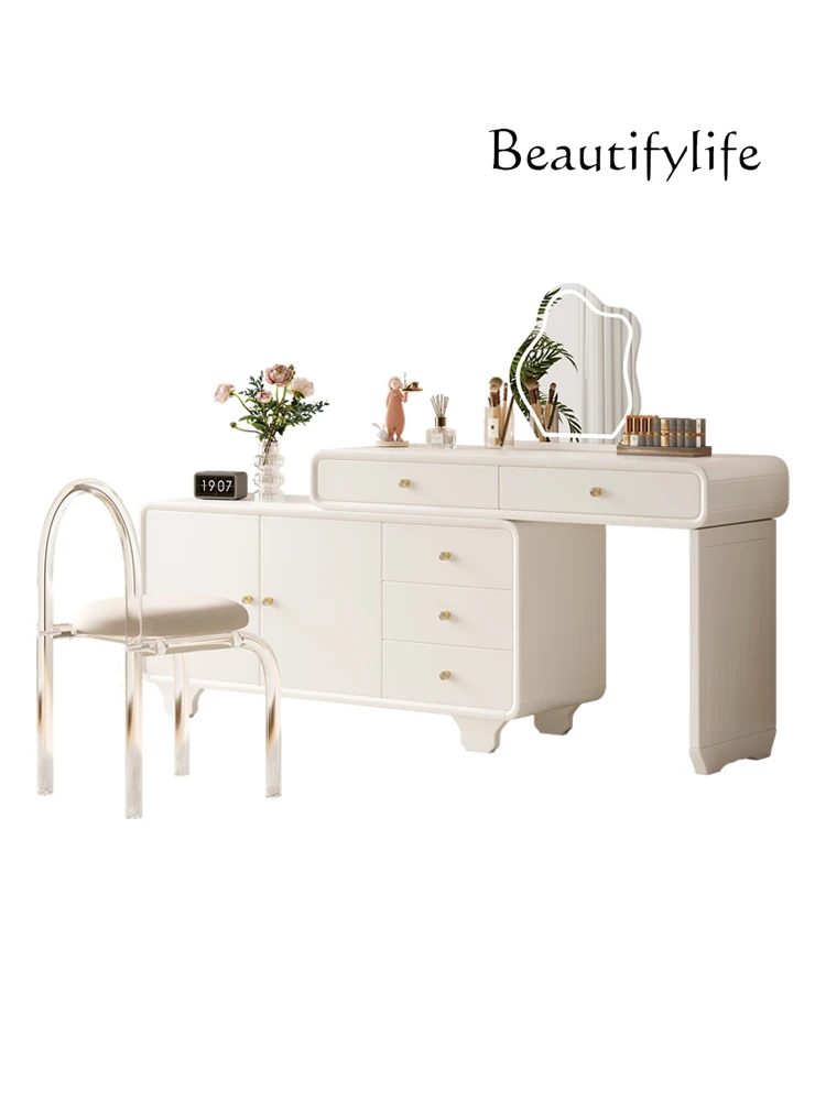 

Dresser Cream Style Chest of Drawers Integrated Solid Wood Storage Cabinet Bedroom Light Luxury Retractable Makeup Table