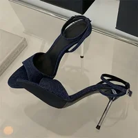 Aneikeh Summer Fashion Blue Female Sandal Open Toe Buckle High Heels Peep Pointed New Denim Stiletto Strap Womens Prom Shoes - Image 4