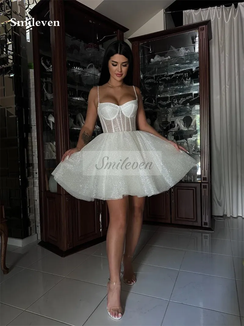 Smileven Short Wedding Dress A Line Spaghetti Strap Shiny Glitter Bride  Dresses Mini Sweetheart Neck Vestido de novia 2024 - AliExpress 320