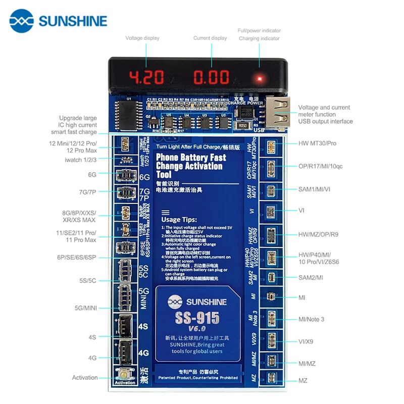 

SUNSHINE SS-915 Universal Battery fast charge Activation Board Test Short circuit detection for IPhone 4-13 series for Android