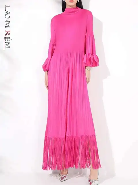 LANMREM Maxi Dress Women High Neck Long Sleeves Stitching Tassel Hem Solid Color Dresses Female Party Clothing 2025 New 2DB1143