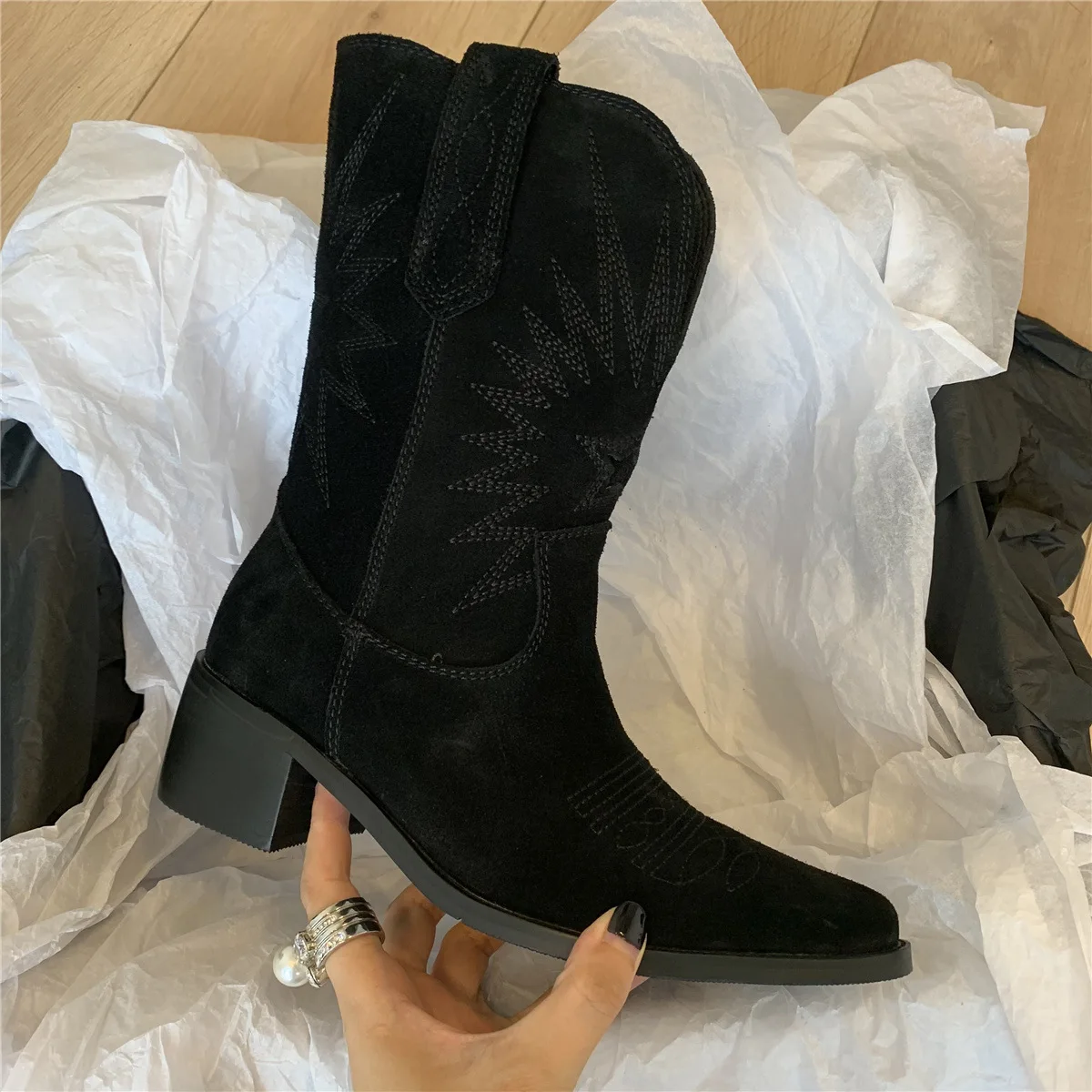 Woman Cowgirl Boots Fashion Slip On Ladies Elegant Square Heel Boots Shoes Retro Women's Winter Autumn Mid Barrel Knight Boots