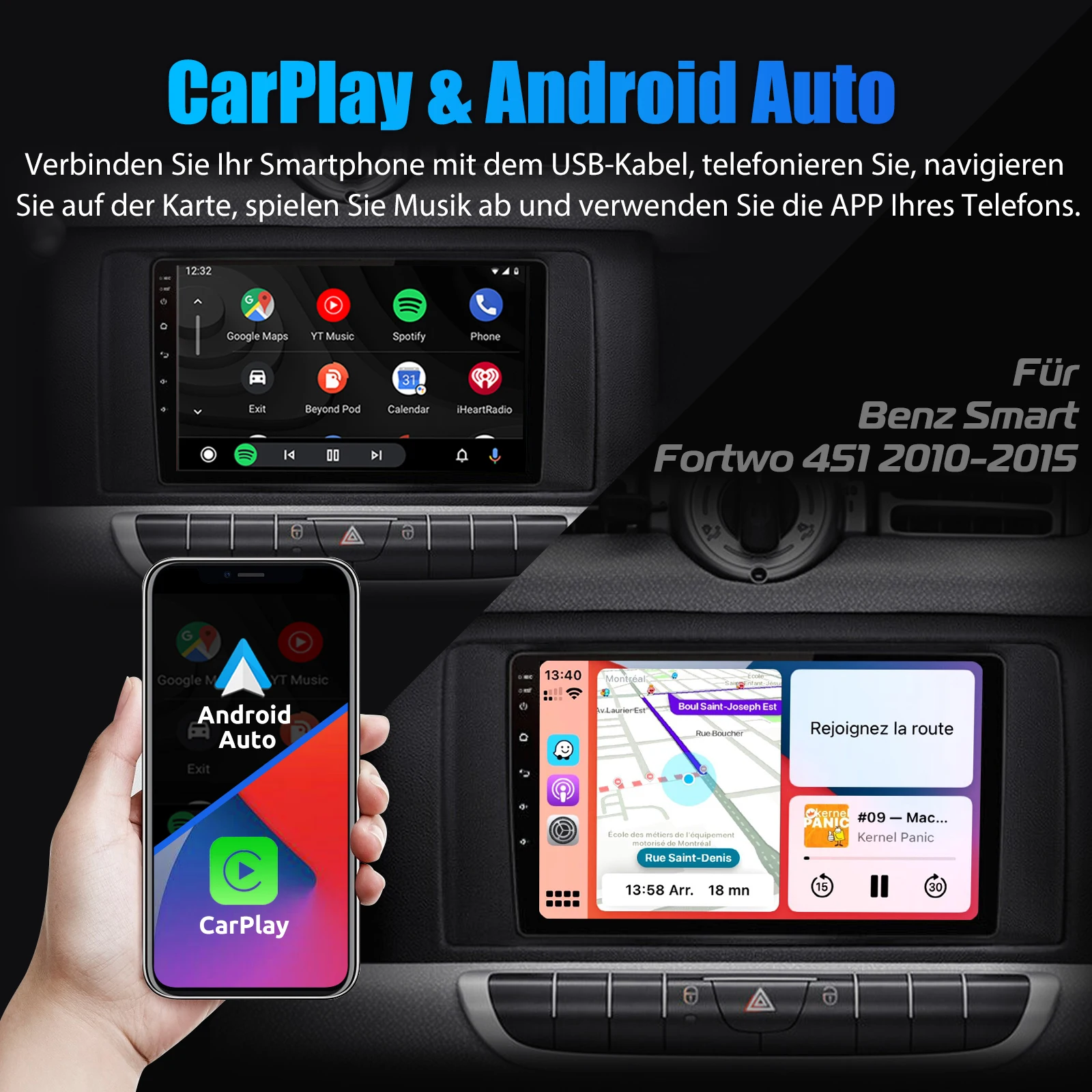 ESSGOO Android 15 9-Zoll-Autoradio für Smart Fortwo 451 2010-2015 mit Carplay, Android Auto, GPS, NAV, WIFI, SWC, BT, FM, RDS Multimedia-Player – Detail 10