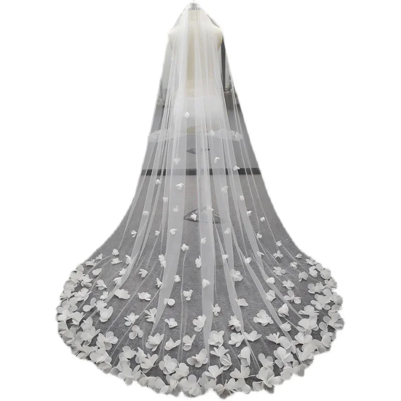 White Ivory Bridal Veil Long Cathedral Wedding Veils 3D Flowers Floral Lace Petals Veil Bride Wedding Accessories bridal veil
