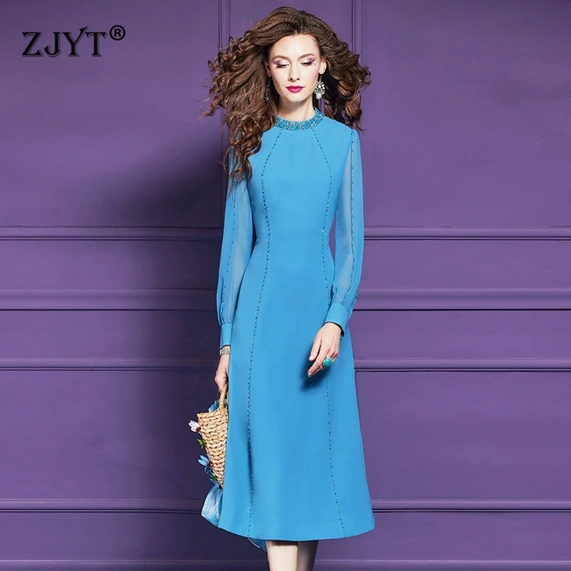 ZJYT Woman Elegant Luxury Beaded Blue Dress Long Sleeve 2025 Spring Summer  Simple Plus Size Office Party Dresses Female Vestidos - AliExpress 200000345