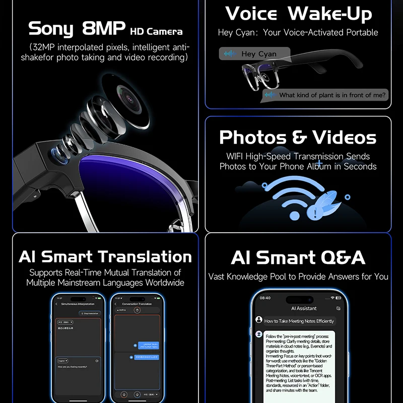 Men Smart Glasses Camera Video Recording AI Intelligent Interactive Translation Smart Sunglasses Bluetooth Call Music Eyeglasses